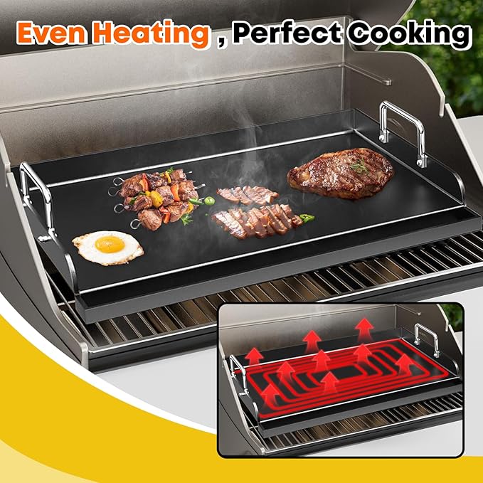 17" x 13" Universal Gas Grill Griddle Plate with Removable Handles,Nonstick Cast Iron Flat Top Cooking Surface,Grease Groove Design for Camping Tailgating Parties on Charcoal/Gas Grills