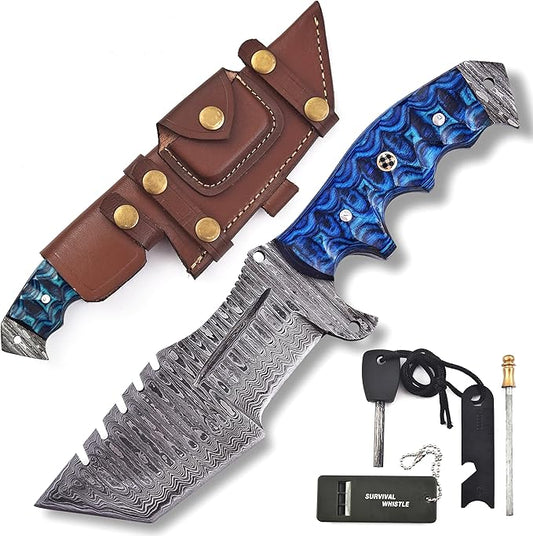 KIMPE 10.5’’ Damascus Hunting Knife with Leather Sheath-Fixed Blade EDC Knife-Bushcraft Knives-Wood Handle-Best Camping & Survival Knives-Knives for Men. (Pakka-Blue)