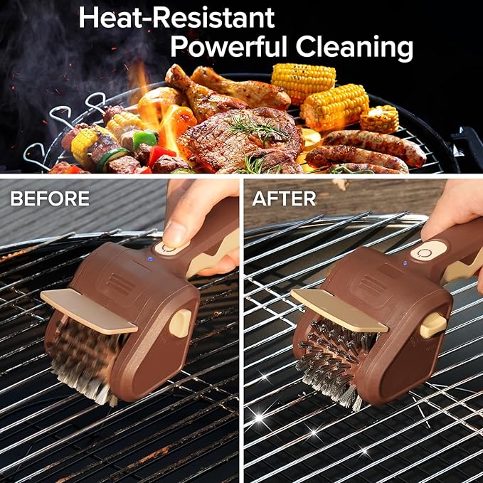 BBQ Grill Brush for Outdoor Grill, Cordless Electric Grill Cleaner with 700 RPM Stainless Steel Brush, Rechargeable Grill Cleaning Brush, Brown