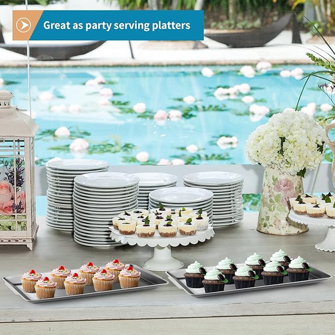 3 Pcs 304 Stainless Steel Serving Platters, 12.6" Rectangle Dinner Plates, Brushed Nickel Organizer Tray for Camping, BBQ, Party, Buffet, Appetizer or Decorations