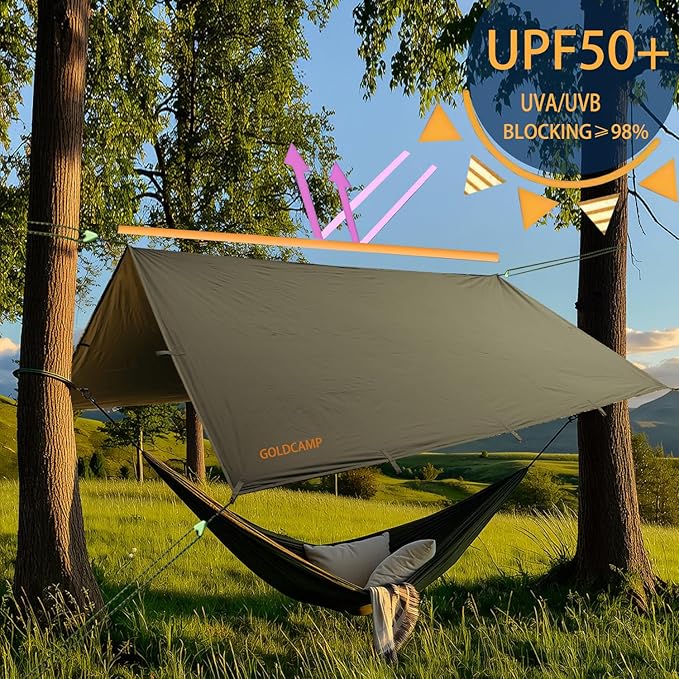 GOLDCAMP Waterproof Camping Tarp,70D Nylon 10X10FT Hammock Rain Fly ,UV 50+ and PU15000mm Tent Tarp Shelter Canopy,Heavy Duty Multifunctional Sun Shade or Rain Fly Essentials for Hiking Backpacking