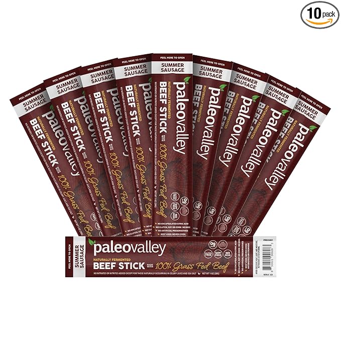 Paleovalley 100% Grass Fed Summer Sausage Beef Sticks - Delicious Gluten Free Beef Snack - High Protein Keto Friendly