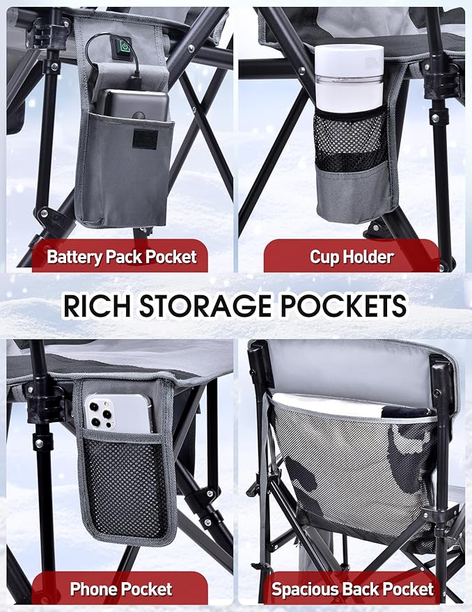 Heated Camping Chair for Adults, Heats Back and Seat, 3 Heat Levels, Fully Padded Heated Folding Chair for Outdoor Sports with Cup Holder, Rich Pockets, Battery NOT Included