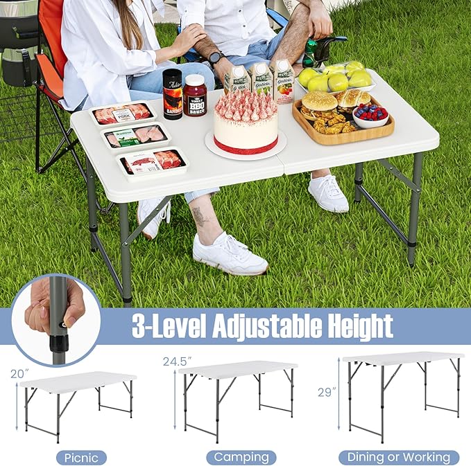 Goplus Portable 4 Foot Plastic Folding Table, 400 LBS Indoor Outdoor Heavy Duty Adjustable Folding Tables with HDPE Tabletop, Carrying Handle, Foldable Utility Card Table for Picnic, Camping, Dining