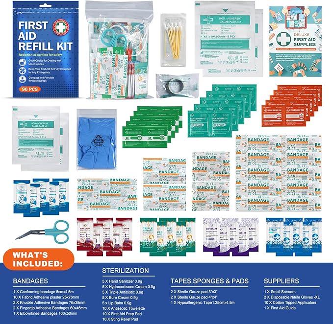 90 Pieces First Aid Refill Kit - Wound Care Kit Includes Bandages for Home, Travel, Hiking - Portable Replacement Kit for First Aid Medical Supplies(2 Set)