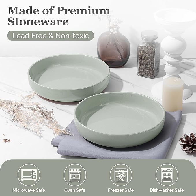 HaWare Pasta Bowls Set of 6, 33oz Large Salad Bowls for Home Kitchen, Ceramic Serving Plates for Soup, Cereal, Wide and Shallow Dinner Bowl, Microwave & Dishwasher Safe, Asparagus Green