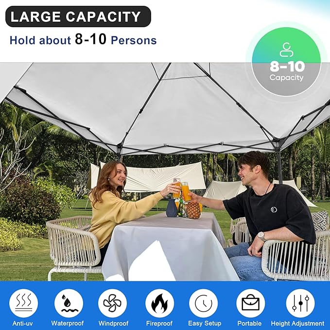 KAMPKEEPER 10x10 Pop Up Canopy Tent with 2 Sidewalls, Beach Tent - Easy Outdoor Sun Shade for Events, Parties, Camping - Gazebo with 4 Weight Bags & Carry Bag.(White)