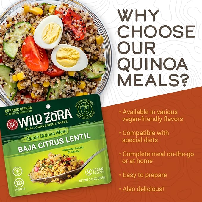Wild Zora Instant Organic Quinoa Meals - Quick & Tasty Prepared Quinoa Bowls, Pantry Staples Gluten-Free Meal w/Lentils Plus 10g Olive Oil Packet - Baja Citrus w/Tomato, Lime & Cilantro (3-Pack)