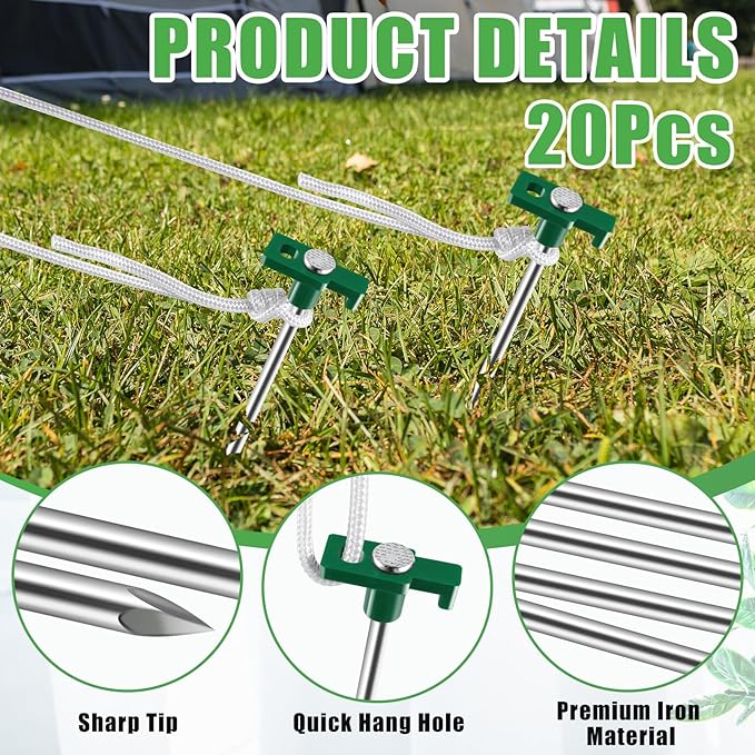 20 Pcs Metal Tent Stakes Heavy Duty,10 inch Camping Stakes Tent Pegs with 4x10ft Ropes,Galvanized Non-Rust Camping Tent Stakes,Pop Up Canopy Stakes,Tent Spikes for Outdoor Camping,Green