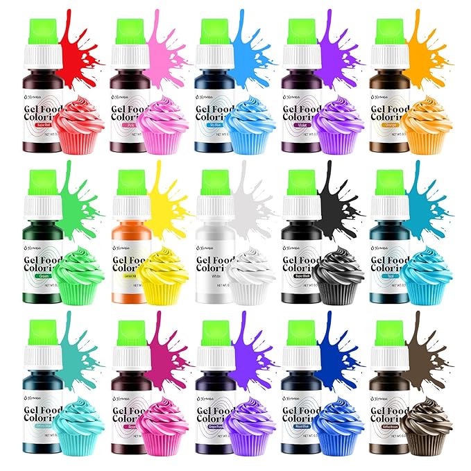 Gel Food Coloring 15 Colors x 0.35 oz Concentrated Gel Based Food Dye Vibrant Icing Colors Neon Edible Food Color for Icing Baking Cake Decorating Cookies Slime, 10g / Bottle