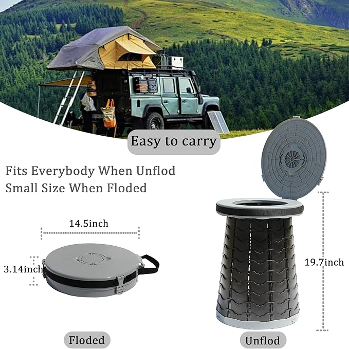 XXL Portable Toilet -19.7" H 15" D Adjustable Foldable Camping Toilet, Luggable Loo with Lid, Strap,Toilet Bag for Camping, Hiking, Travel and Car with Carry Bag