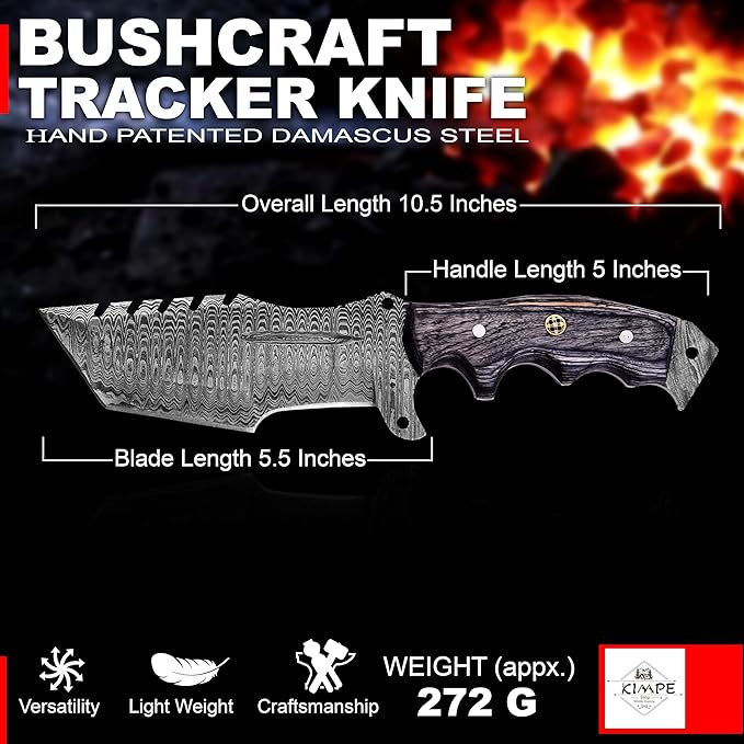 KIMPE 10.5’’ Damascus Hunting Knife with Leather Sheath-Fixed Blade EDC Knife-Bushcraft Knives-Wood Handle-Best Camping & Survival Knives-Knives for Men. (Pakka-Grey)