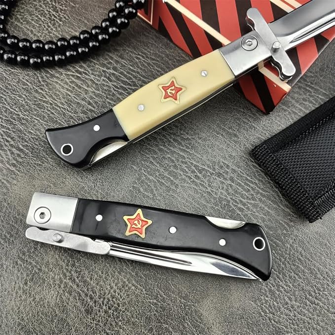 Finka-NKVD KGB Folding Pocket Knife,3.66" Mirror Polished 440C Blade and ABS Handle,Nylon Sheath,Assisted Opening Flipper Knife with Lockback, EDC for Camping Hunting Survival (Ivory white)