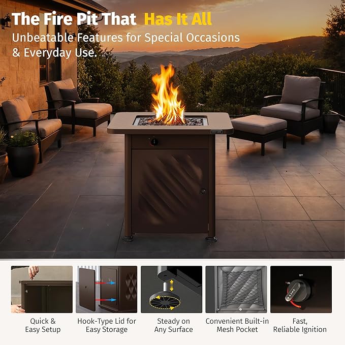 EAST OAK 28โ Outdoor Propane Fire Pit Table | 52,000 BTU Gas Fire Pit for Outside with Easy-Hook Lid, Mesh Pocket & Lava Rocks | CSA Certified | Ideal for Patio, Garden & Backyard | Brown