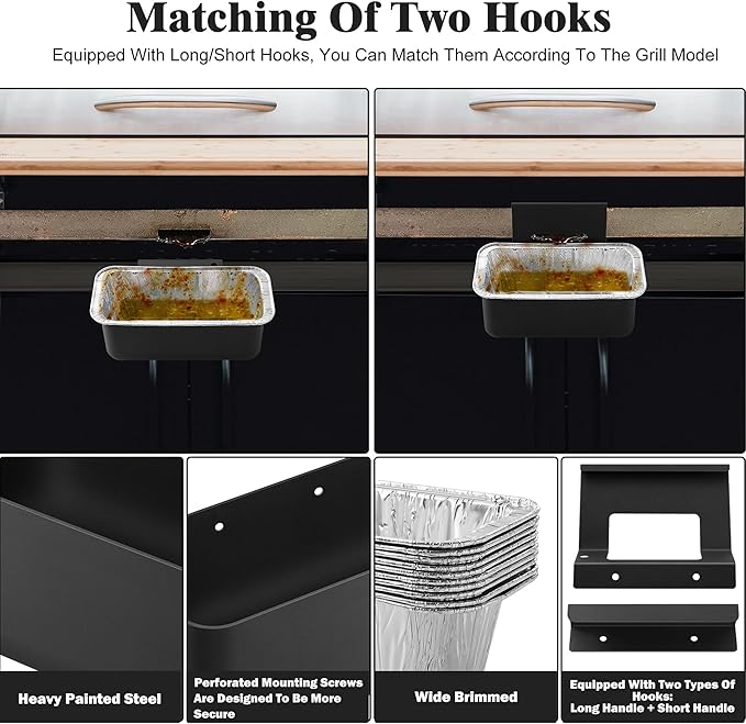 Grill Grease Catcher for Blackstone Griddle with 10 Pack Grease Cup Liners Aluminum Foil Tray Pan Drip Tray Pan for 17, 22, 28 & 36 inches Griddle (Short Hook + Long Hook)