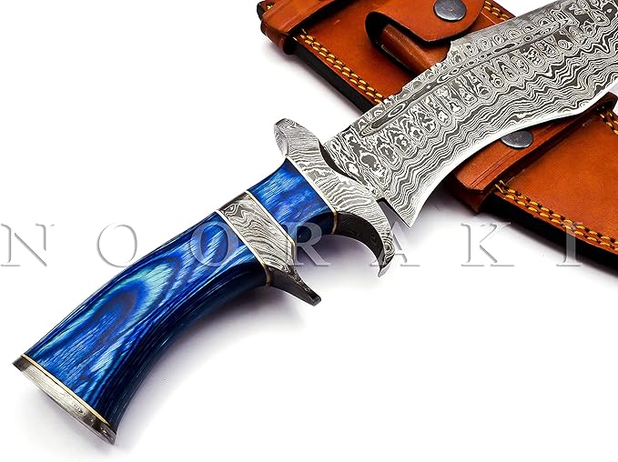 NOORAKI - 15″ Damascus Bowie Knife with Sheath | Hand Made Hunting Knife - Fixed Blade Long Bowie Knives - Ideal for Survival ,Chopping, Camping, Outdoor Gift for Men |Tactical Knife Wood Handle (Blue)