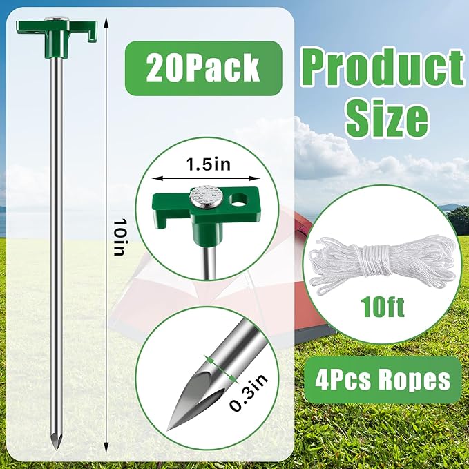 20 Pcs Metal Tent Stakes Heavy Duty,10 inch Camping Stakes Tent Pegs with 4x10ft Ropes,Galvanized Non-Rust Camping Tent Stakes,Pop Up Canopy Stakes,Tent Spikes for Outdoor Camping,Green