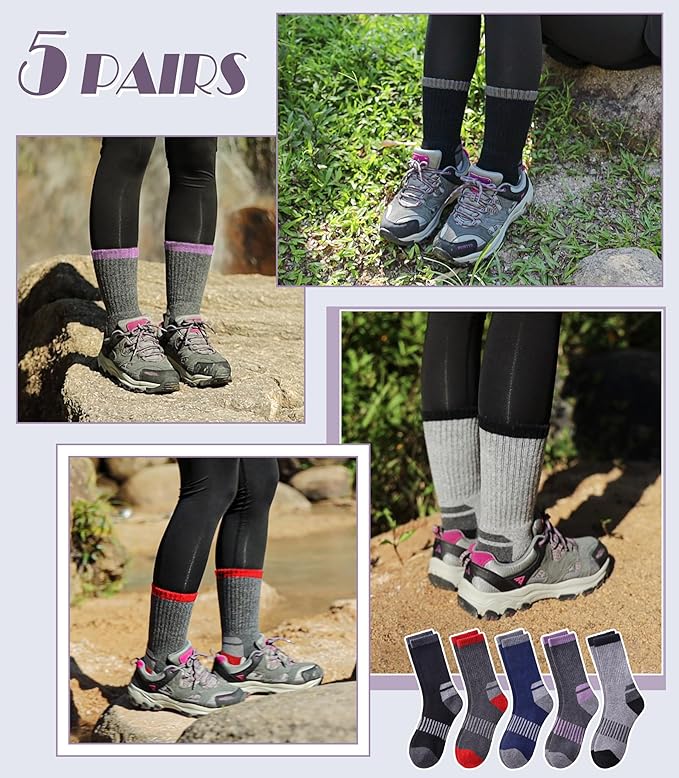 DYW Womens Merino Wool Hiking Socks Thermal Warm Winter Boot Crew Socks Cushion Work Walking Gift Socks 5 Pairs