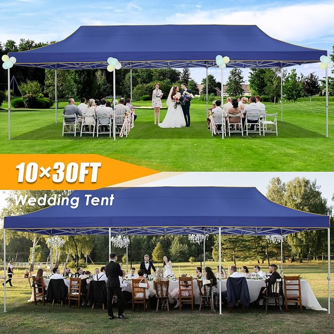 HOTEEL 10x30 Heavy Duty Pop Up Canopy Tent for Parties Event Wedding Commercial Instant Canopy with Wheeled Bag, Party Tent Waterproof UV 50+&Windproof, Upgraded Thick Hexagonal Legs, Deep Blue
