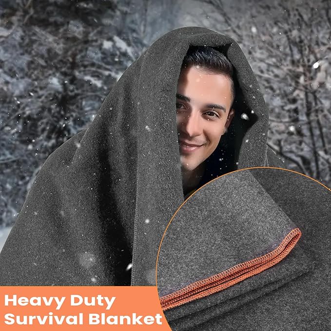 Military Wool Blanket: Warm, Thick & Washable - Perfect for Outdoors, Camping, Stadium, Picnics, Travel, Car & Bushcraft Survival Kits - Large 59" x 79" (3.1 lbs), Dark Grey