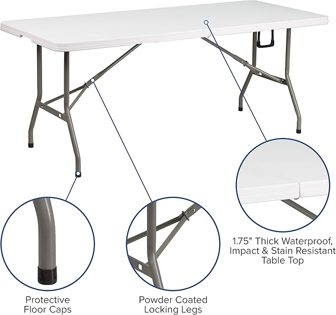 Flash Furniture Elon 6' Rectangular Plastic Folding Event Table with Carrying Handle, Bi-Fold Banquet Table for Indoor/Outdoor Events, White