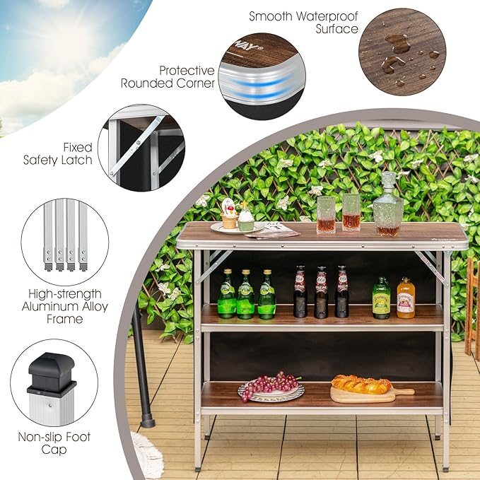 Goplus Folding Camping Table, Aluminum Portable Pop-Up Bar Table with 2-Tier Storage Shelves, Removable Cloth Cover, Foldable Camp Table for Picnic, Tailgate, Party, Travel, Outdoor