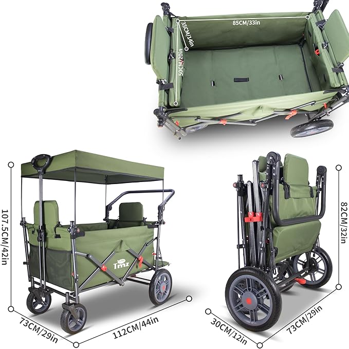 TMZ Collapsible Foldable Wagon Cart with Quick-Release Wheels and 2 Seats, Heavy Duty Wagon 265LBS Load Capacity for Camping Garden Shopping (Green)