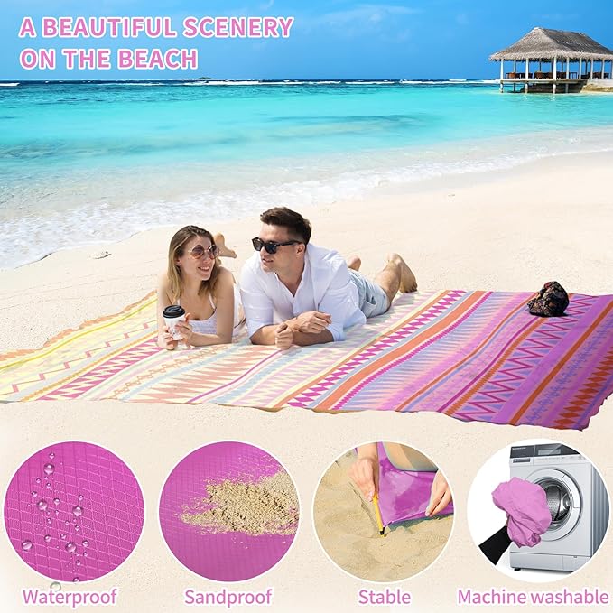 BYDOLL Beach Blanket Waterproof Sandproof 78''ร81'' Suits1-4 Adults Compact Lightweight Oversized Sand-Free Blanket Large Picnic Mat for Beach Travel Camping Hiking