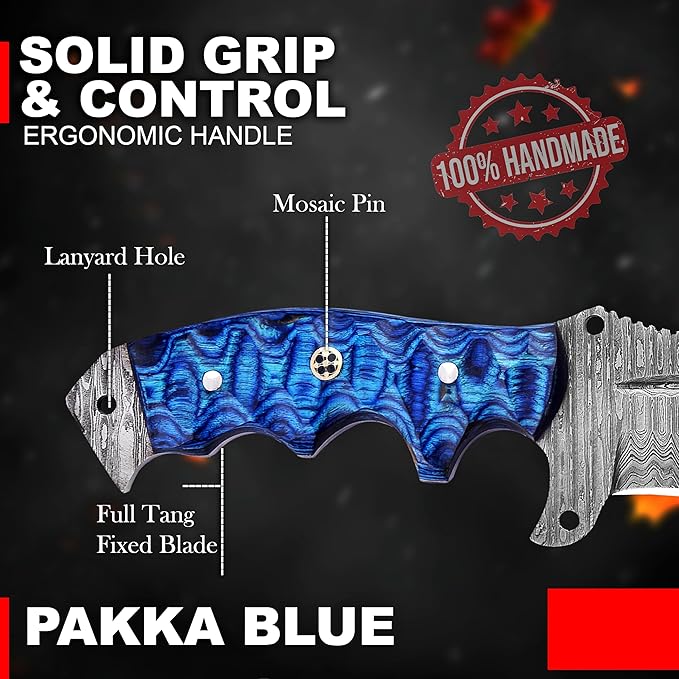 KIMPE 10.5’’ Damascus Hunting Knife with Leather Sheath-Fixed Blade EDC Knife-Bushcraft Knives-Wood Handle-Best Camping & Survival Knives-Knives for Men. (Pakka-Blue)