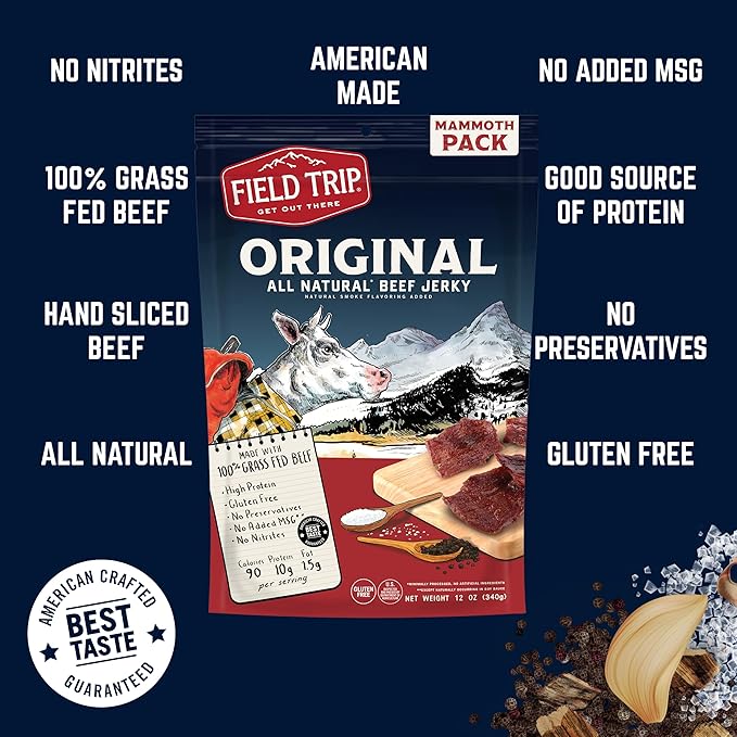 Field Trip Beef Jerky, Gluten Free Jerky, Low Carb, Healthy High Protein Snacks with No Nitrates, Made with All Natural Ingredients, Original, 12oz Bulk Bag