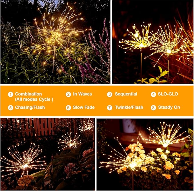 Solar Fireworks Lights for Outside, 150LED 8 Modes Fireworks Solar Lights Outdoor, Fairy Garden Flowers for Yard Pathway Wedding Party Christmas Diwali Garden Decor 2Pack (Warm White)