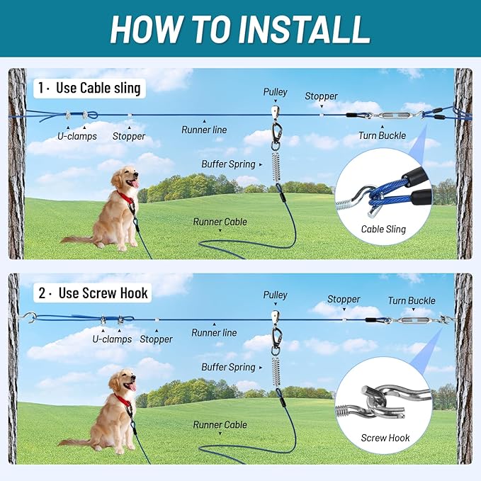 Dog Runner for Yard, Heavy Duty 75FT Dog Runs for Outside with 10FT Tie Out Cable, Trolley System Zipline for Large Dogs Up to 250lbs, Chew Proof Run Cable for Camping