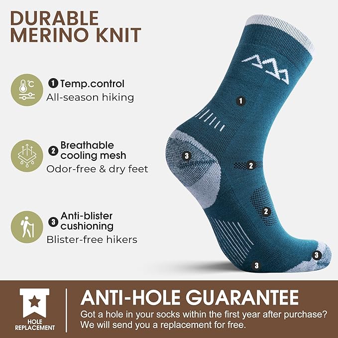 innotree 3 Pack Men's Merino Wool Hiking Socks, Micro Crew Cushioned Hiking Walking Thermal Moisture Wicking Trekking Socks
