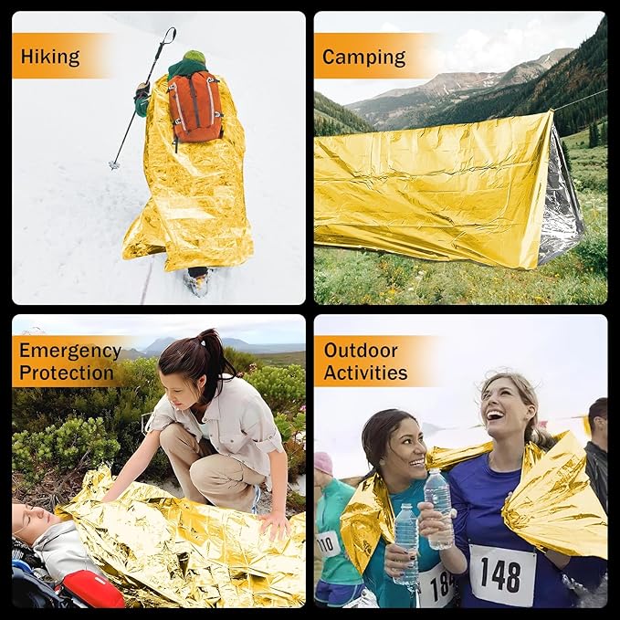 12-Pack Emergency Mylar Thermal Blankets, 82"x62" Space Blankets Foil Blanket, XL Camping Blanket for Outdoors, Hiking, Survival kit, Bug Out Bag,Marathons or First Aid, Golden