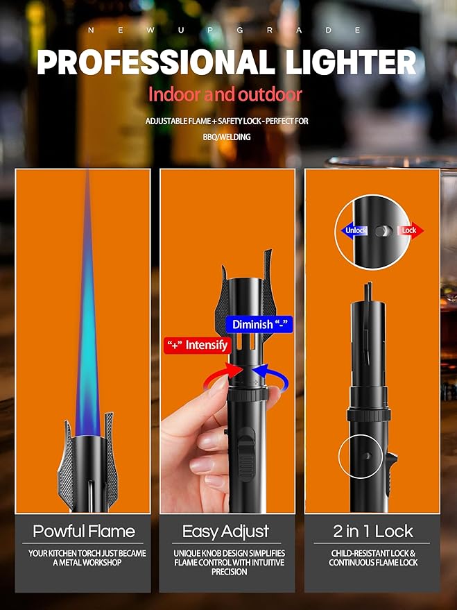 Bright Fire Torch Lighter Butane Refillable, Long Jet Flame Butane Lighter with Long Handle, Adjustable Windproof Lighters for Cooking Fireplace Camping BBQ Lighters Gift for Man (Without Fuel) Black