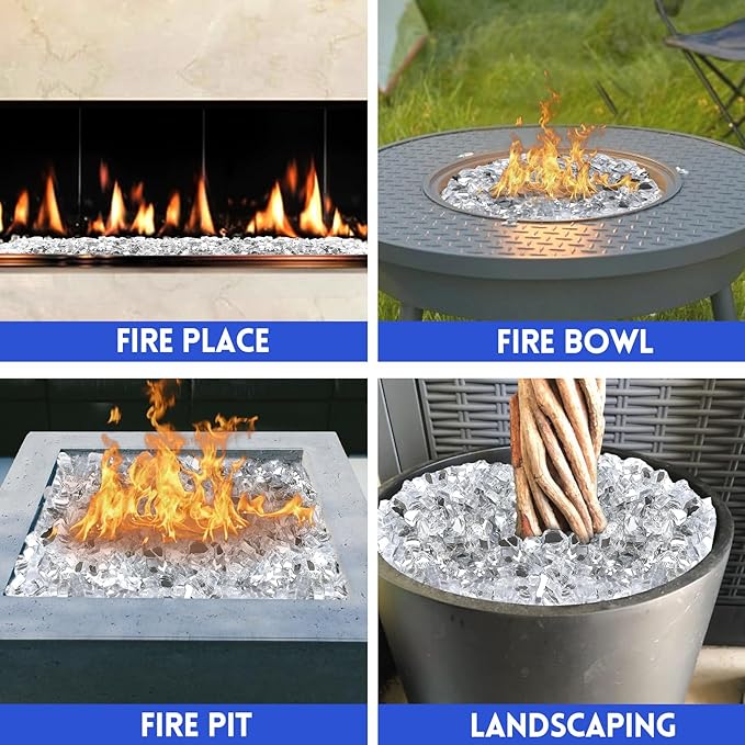 Fire Glass for Fire Pit, 1/2 Inch White Reflective Firepit Glass Rocks for Firepit Table, Outdoors and Indoors Fireplace, 20 Pounds