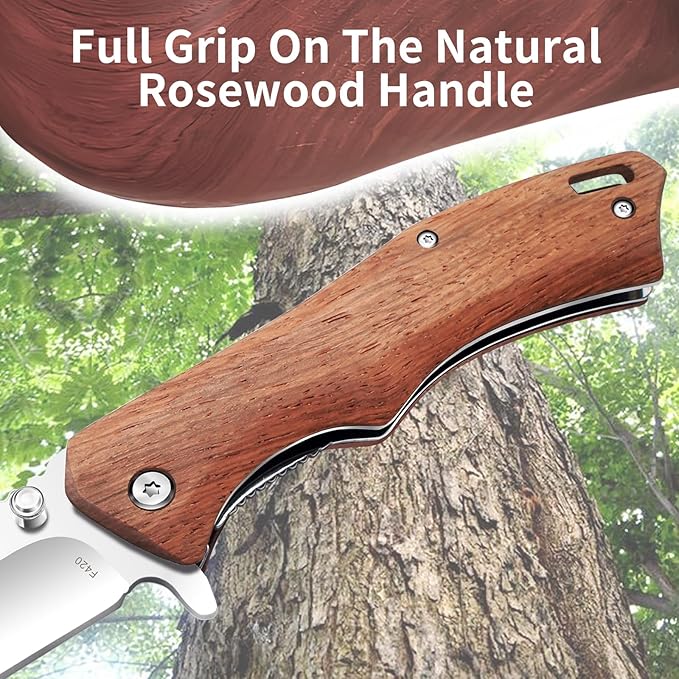 Vickay Pocket Knife for Men, 3.4" 8Cr13MoV Steel Blade, Wood Handle EDC Folding Knife with Liner Lock for Outdoor Camping, Tactical, Hunting, Hiking, Survival - Father’s Day Gift