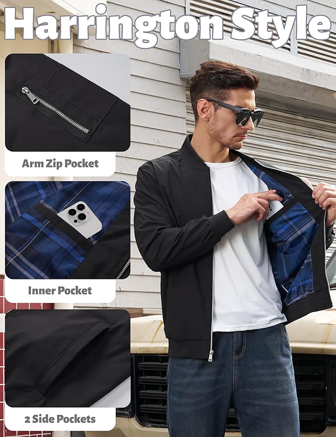 TACVASEN Mens Bomber Jacket Plaid Lined Casual Windbreaker Stylish Light Fall Spring Jackets Windproof Zip Up Coat