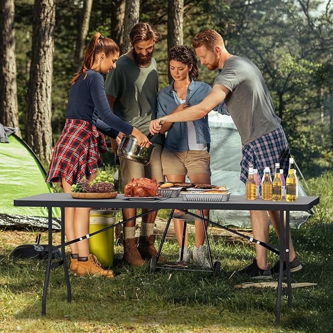 GYMAX 6FT Folding Table, Portable Lightweight Camping Table with Carry Handle, Easy Fold Up Rectangle Indoor/Outdoor Collapsible Table for Camp, Picnic, BBQ, Patio (Black (No Umbrella Hole))