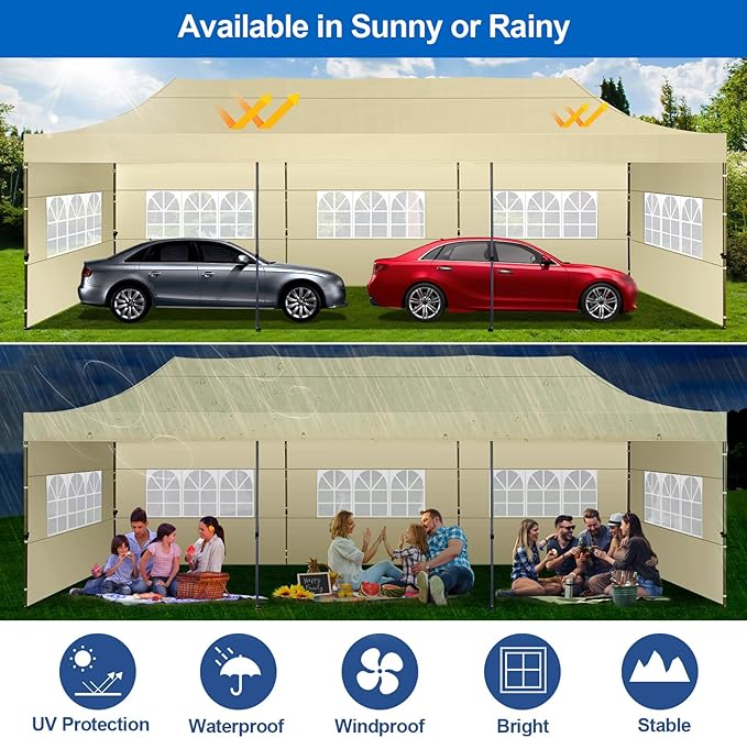 COBIZI 10x30 Pop Up Canopy with 8 Sidewall,Heavy Duty UPF 50+ All Season Wind Waterproof Commercial Outdoor Wedding Party Tents for Parties Canopy Gazebo with Roller Bag(10 x 30 ft Khaki)