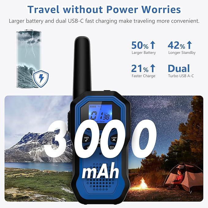 Walkie Talkies for Adults Long Range 2 Way Radios for Kids Rechargeable 4 Pack, Hiking Camping Skiing Cruising Gear with Lamp, USB-C, SOS Siren, NOAA Alert, iVOX Hands-Free, One-Touch Pairing