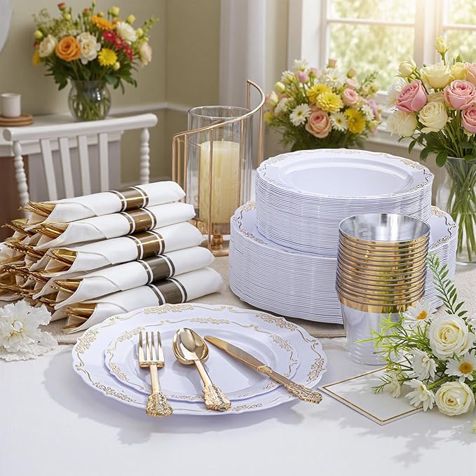 U-QE 350PCS Gold Plastic Plates - Disposable Dinnerware Set for 50 Guests - White and Gold Plates and Napkins Party Supplies include 100 Plate, 150 Silverware, 50 Cups, 50 Napkins for Weddings&Party
