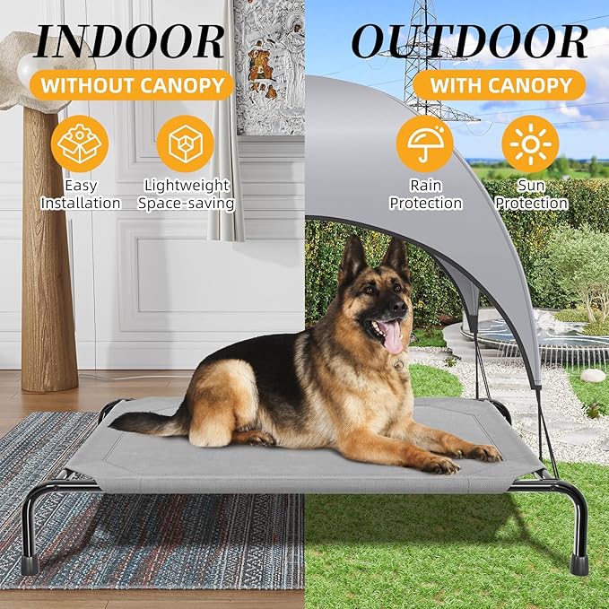 Simple Trending Raised Dog Bed for Large Dogs with Canopy, Waterproof Elevated Dog Bed, Breathable Big Pet Cot, Grey