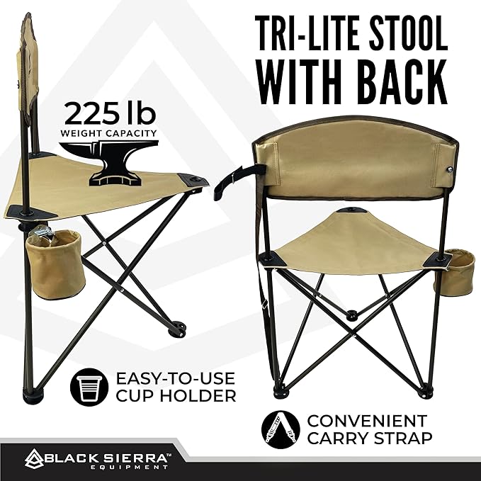 Black Sierra XL Tripod Hunting Stool w/Backrest, Lightweight Portable Fishing Chair w/Cupholder and Carry Strap, Supports 225 Lbs, Portable Outdoor Chair for Hunting, Camping, Travel, Hiking