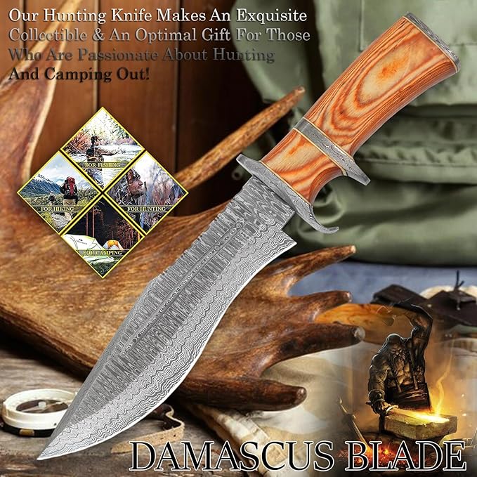 NOORAKI - 15″ Damascus Bowie Knife with Sheath | Hand Made Hunting Knife - Fixed Blade Long Bowie Knives - Ideal for Survival ,Chopping, Camping, Outdoor Gift for Men |Tactical Knife Wood Handle (Brown)