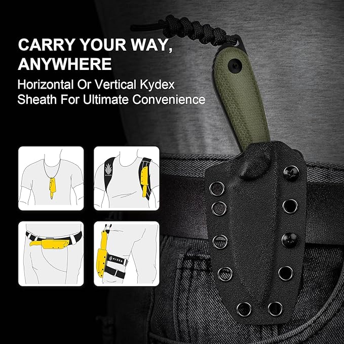 Kizer Buddy Fixed Blade Knife, 3" D2 Steel Camping Knife with Olive Green Micarta Handle, Compact EDC Fixed Blade Knives with Sheath for Hiking & Camping 1081M1