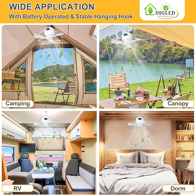 Battery Operated Ceiling Fan: 11" Portable Camping RV Tent Fan with Lights - Outdoor Hanging Rechargeable 8000mAh - Hook Type Remote Fans for Gazebo Patio Canopy Beach Dormitory Bedroom 5V/2A