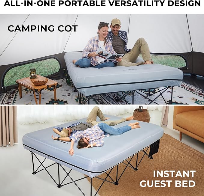 FUNDANGO 2 Person Cot Queen Size, Folding Airbed Mattress, Double Camp Bed with 2 Cup Holders, Removeable Cover for Adults Outdoor Travel,Carry Bag Included (Grey)