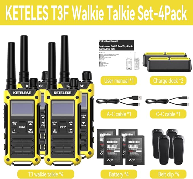 T3F IP67 Waterproof Two Way Radios, FRS Walkie Talkie 4 Pack with Earpieces,USB C Charge Dock,Group Talk,Flashlight,VOX,Weather Alert, for Adults, Black/Yellow