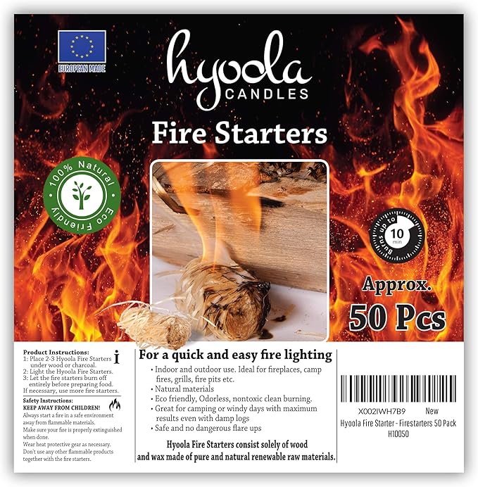 Firestarters - 100% Natural Fire Starters - Easy to Use for BBQ & Grill, Campfire, Charcoal, Fire Pit. Waterproof for Indoor/Outdoor Use - No Flare Ups - 10 Minute Burn - 50 Firelighters